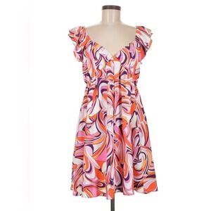 EXPRESS Dress Sz S Swirl Print Ruffle‎ Sleeves Midi Pink Retro Groovy Maximalist